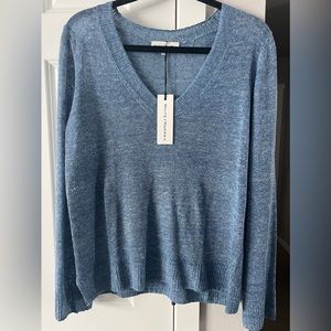 White + Warren Aegean Blue Marl Pointelle Rib V-Neck